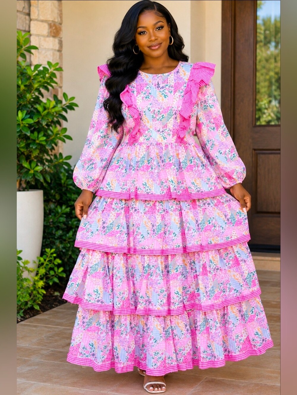 NEW!! Simply Southern Pink Floral Tiered Maxi Dress, Sz Large, NWT